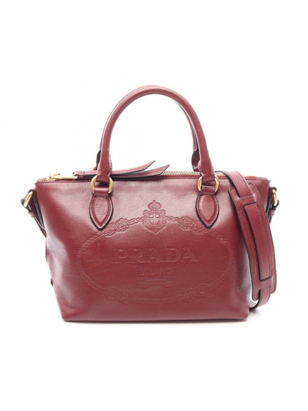 Prada Handbag 2-Way Wine Red Leather Logo Embossed
